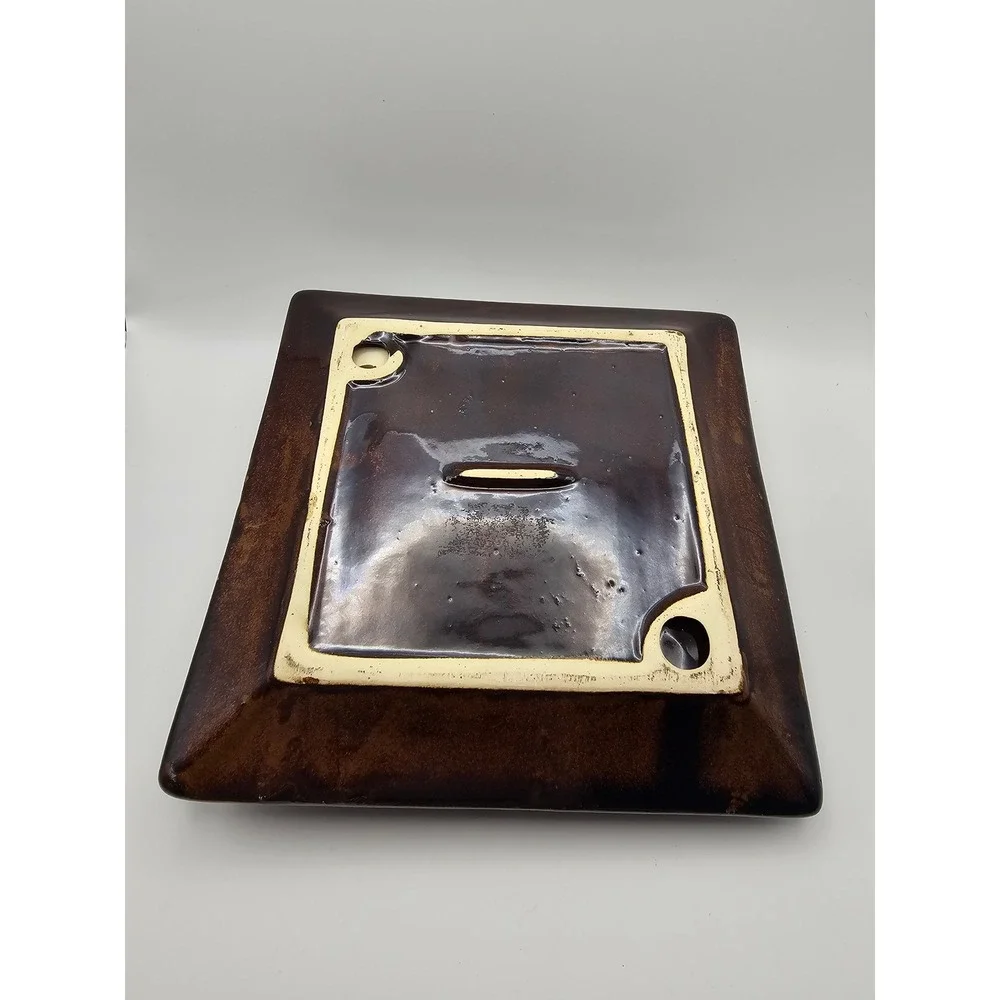 Vintage Brown Ceramic Candle Holder Set 3 Pillars and Tray Embossed Leaf Design